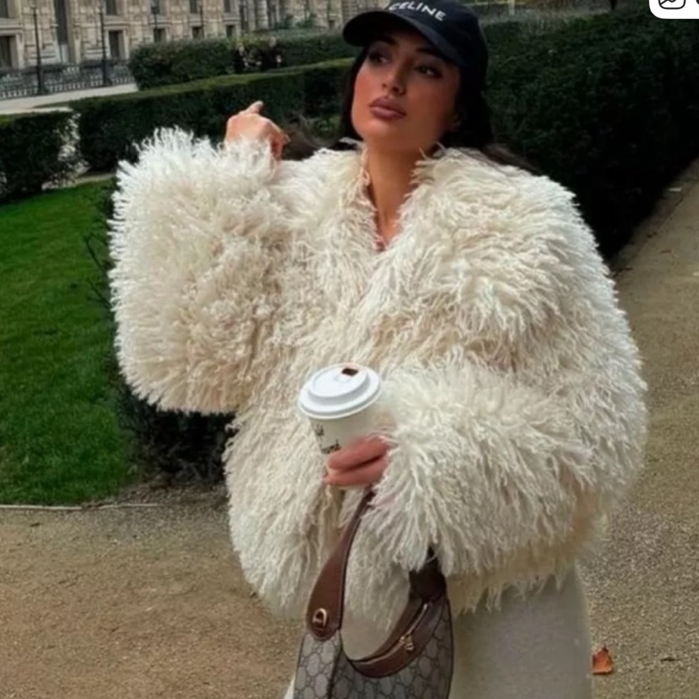 Zara Cream Faux Fur Jacket Coat xsmall New - Picture 3 of 4